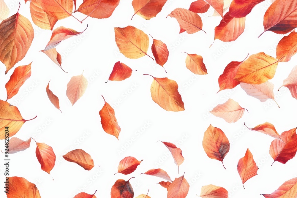 Poster bunch of leaves that are on white surface, artistic pattern of autumn leaves falling on transparent 