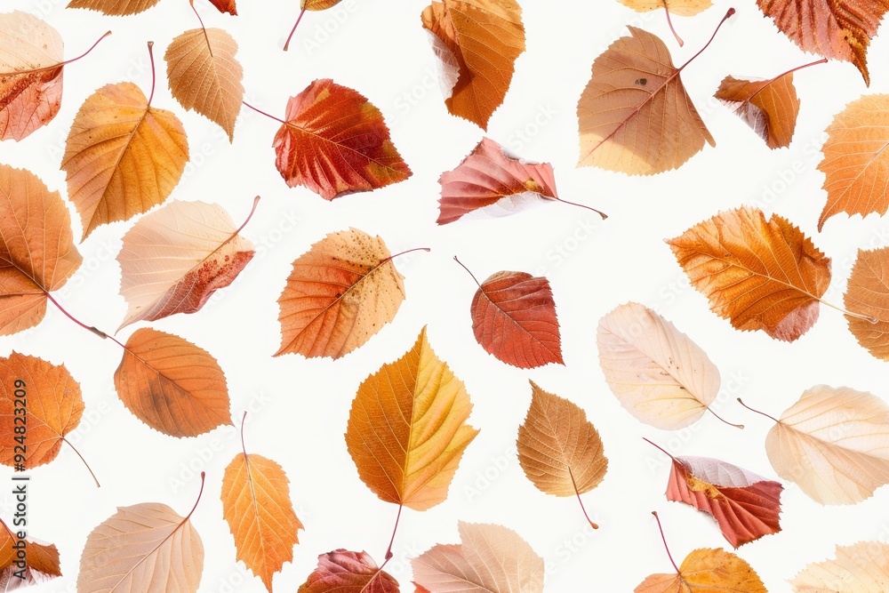 Poster bunch of leaves that are on white surface, artistic pattern of autumn leaves falling on transparent 
