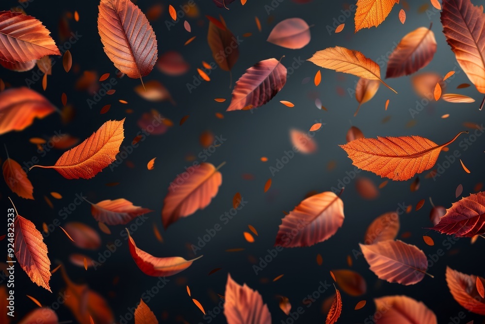 Poster bunch of leaves that are on white surface, artistic pattern of autumn leaves falling on transparent 