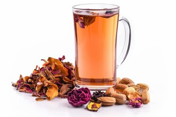 Bael tea and dried fruit on white background