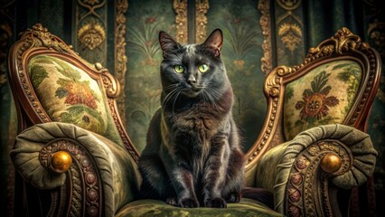 Fototapeta premium A majestic vintage black cat with piercing green eyes poses regally on a worn, antique armchair, surrounded by faded velvet drapes and aged tapestries.