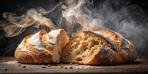 Close-up of freshly baked bread being torn apart, with steam rising and crust cracking, fresh, bread, bakery, artisan, homemade