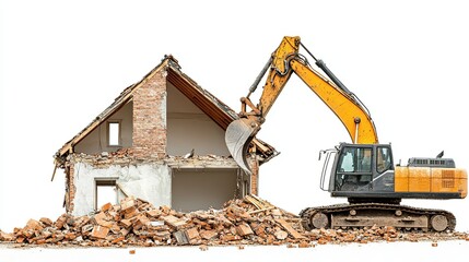 Obraz premium A suburban house’s facade being torn down by an excavator, with bricks and wood scattered, isolated on a white background