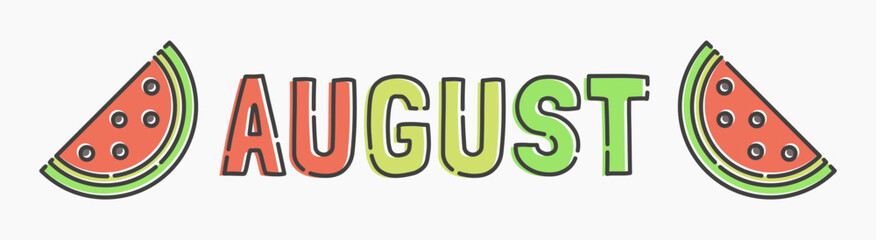 Simple flat line art cartoon for August. August illustration, ideal for graphic needs related to the month of August with pieces of watermelon, fruits, summer, and more.