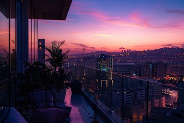 Naklejka premium view of city from balcony at night, scenic penthouse view overlooking quiet, beautiful city at dusk