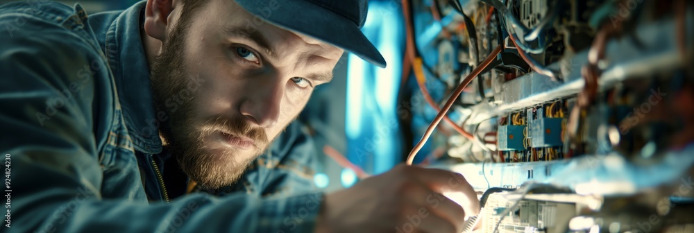 Poster an electrician is carefully repairing and maintaining a complex circuitry system, ensuring all compo
