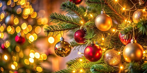 Warm close-up shot of Christmas tree decorations and lights, giving off a cozy festive holiday ambiance , Christmas, tree