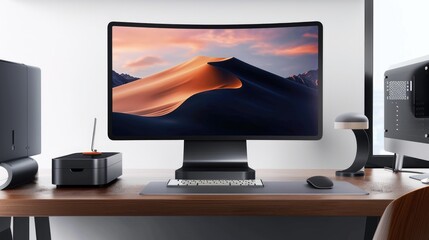 A high-angle shot of a workspace featuring a modern desktop computer, a wireless mouse, a sleek monitor stand, and a minimalist desk organizer.