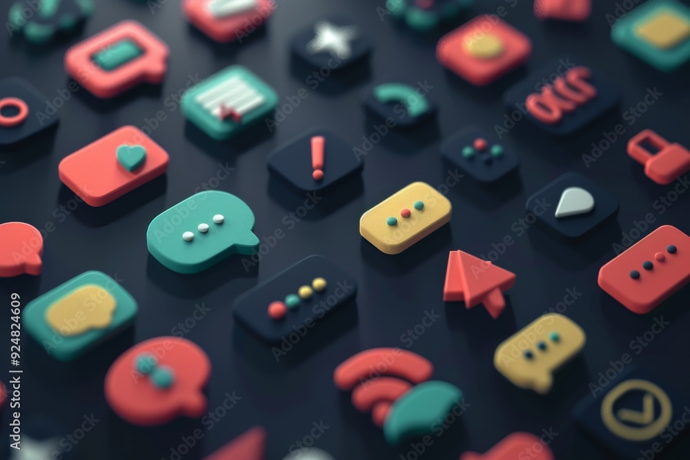 Poster bunch of different colored icons on black surface, Sophisticated chat icons representing messaging and communication tools