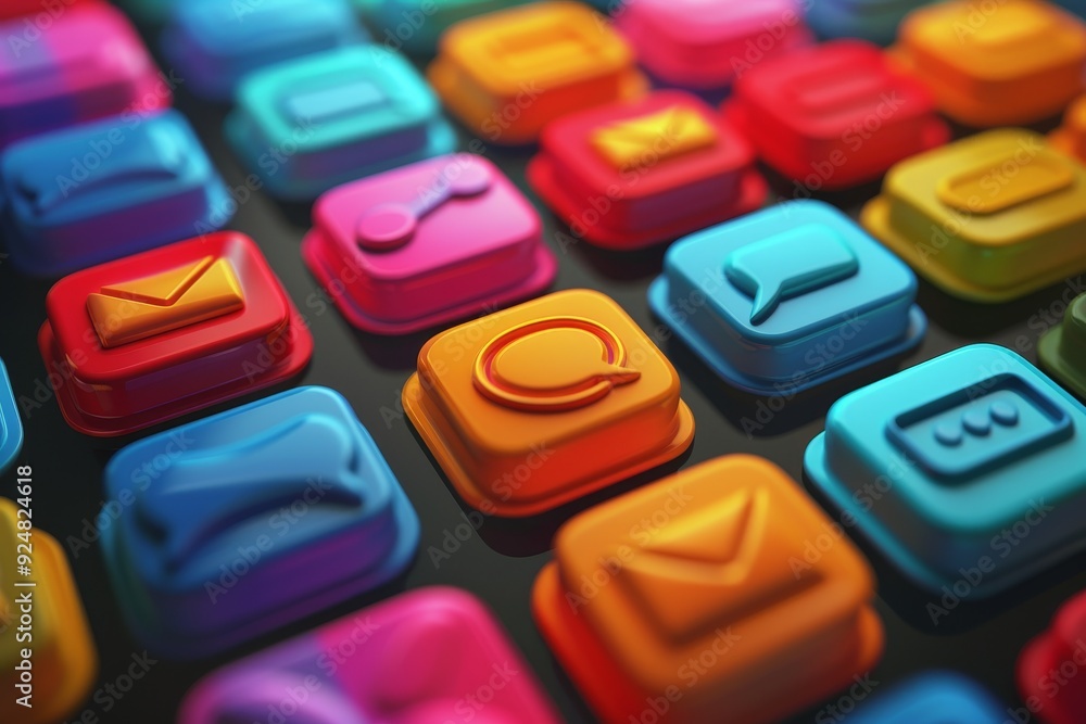 Poster close up of bunch of colorful buttons, Sophisticated chat icons representing messaging and communication tools