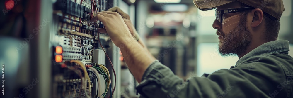 Poster a technician with a cap meticulously works on assembling circuits, demonstrating high detail orienta