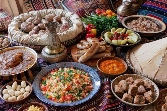 Kazakh feast with traditional dishes in a yurt