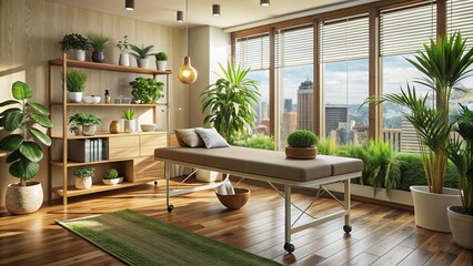 A serene African-inspired office setting with a massage table, calming plants, and natural light, promoting relaxation and wellness in the corporate environment.