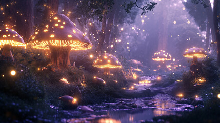 Obraz premium Fairytale Forest at Dusk with Glowing Mushrooms