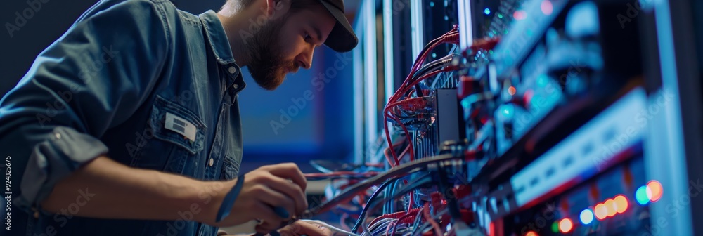 Poster a technician is repairing and organizing network cables within a server room, with rows of server ra
