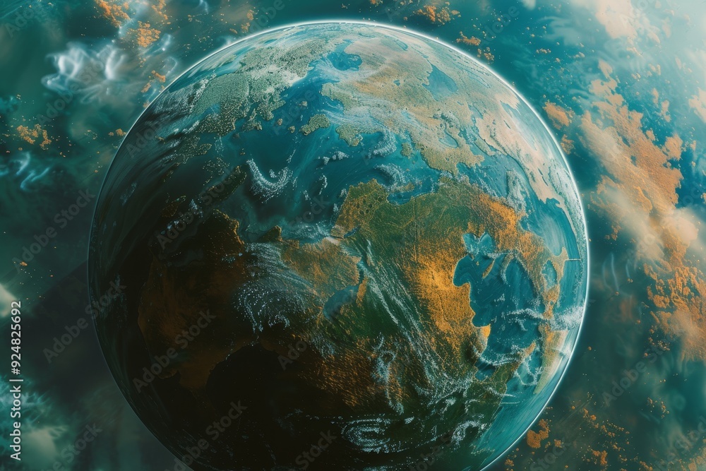 Aufkleber planet in the sky with clouds, terraforming project transforming barren planet into habitable one