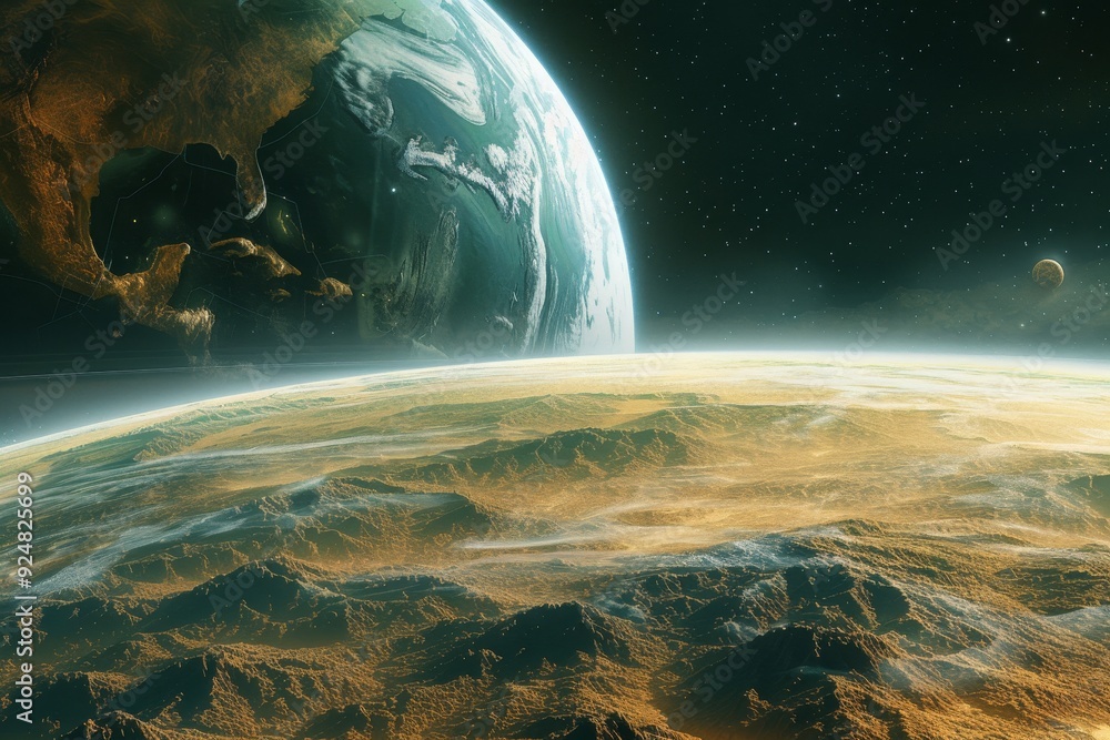 Aufkleber planet in the sky with clouds, terraforming project transforming barren planet into habitable one