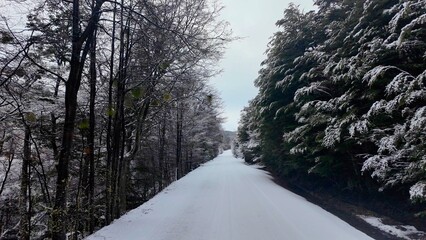 Snow Capped Road At Ushuaia In Tierra Del Fuego Argentina. Snowy Mountains. Glacier Landscape....