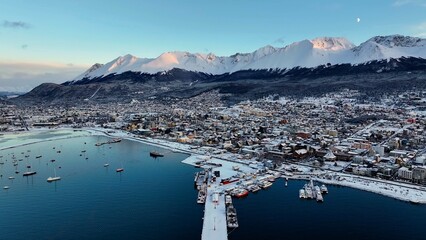 Snow Capped City At Ushuaia In Tierra Del Fuego Argentina. Snow Capped Mountain. Tourism Landmark....