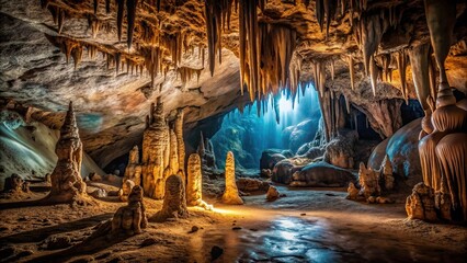 Dark, mysterious cave interior with stalactites and shadows, cave, interior, dark, underground, mysterious