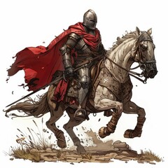 Armored Knight Riding a White Horse with a Red Cape