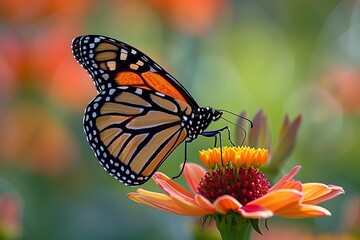 Fototapeta premium Monarch butterfly with open wings standing on a zinnia flower feeding on nectar