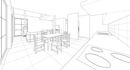 interior kitchen living room 3d illustration	
