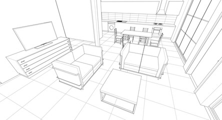 interior kitchen living room 3d illustration	
