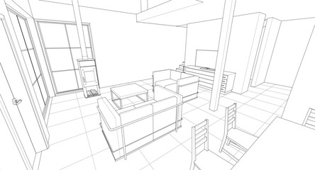 interior kitchen living room 3d illustration	
