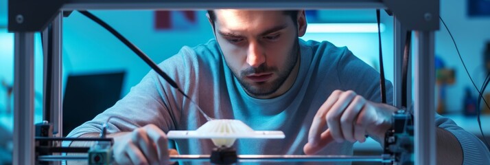 An engineer in a high-tech studio calibrates a 3D printer, demonstrating innovation and meticulous attention to detail in technology development.