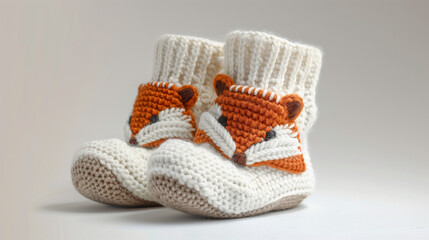 Handmade baby booties with orange fox applique, white background.