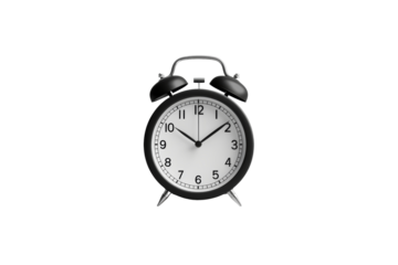 Classic black retro alarm clock with bells on top, isolated on white background, showing 10:10. Perfect for time management concepts.