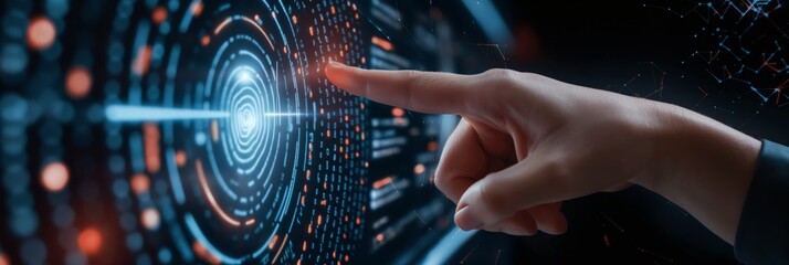 A hand touching a futuristic digital interface with concentric circles and a glowing target in the center, representing advanced technology.
