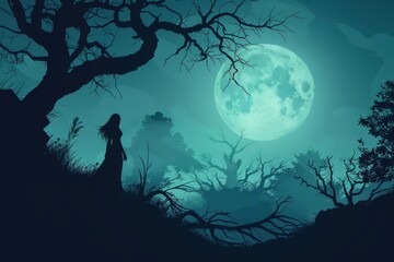 Fototapeta premium Silhouette of a Woman Standing in a Forest Under a Full Moon