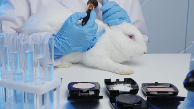 A man in the laboratory tests cosmetics on rabbits, close-up of a white rabbit sprinkled with powder to study the reaction of the skin