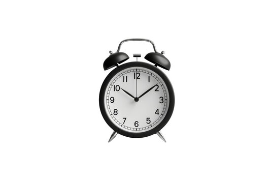 Classic black retro alarm clock with bells on top, isolated on white background, showing 10:10. Perfect for time management concepts.