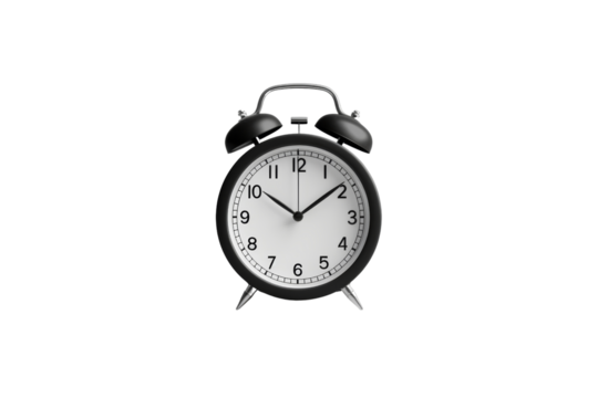 Classic black retro alarm clock with bells on top, isolated on white background, showing 10:10. Perfect for time management concepts.