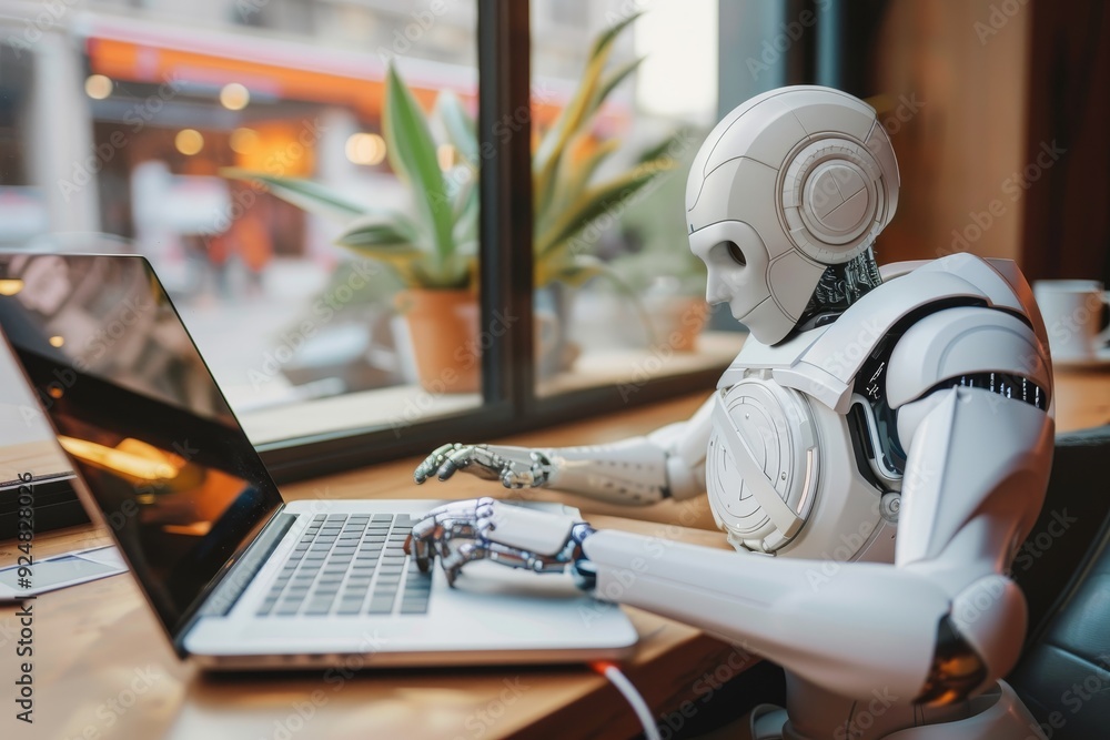 Poster robot sitting at table with laptop, virtual assistant automates repetitive tasks to free up time for