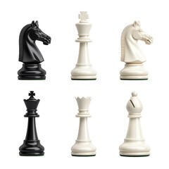 Set of black and white chess pieces including king, queen, bishop, and knight against a white background, perfect for strategy games.
