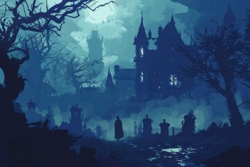 Obraz premium A Silhouetted Figure Approaches a Dark, Mysterious Castle in a Foggy Night