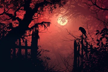 Silhouette of a Raven Perched on a Branch in a Reddish Forest at Dusk