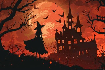 A Witch Stands Before a Haunted House Under a Blood Moon