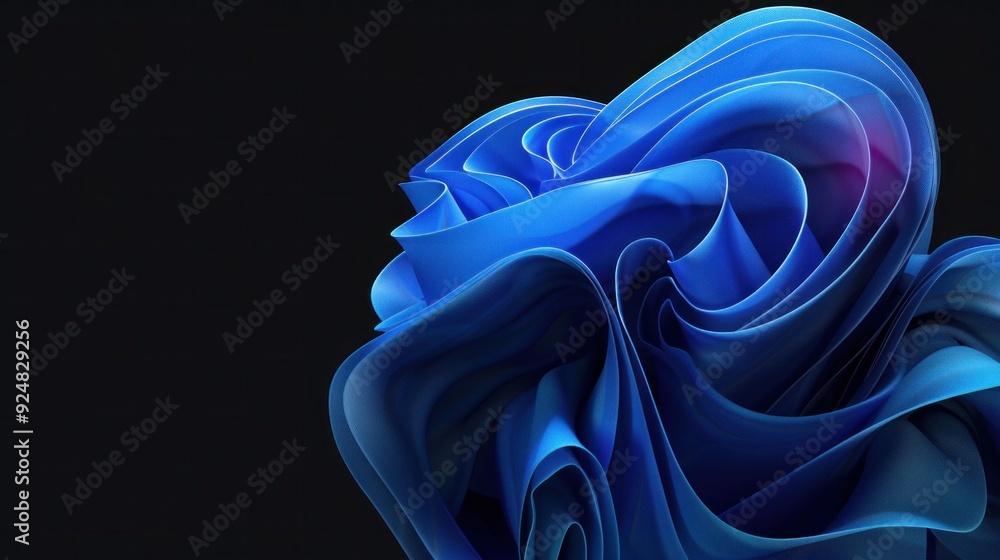 Poster abstract blue swirl design on a dark background, featuring flowing curves and layers that create a s
