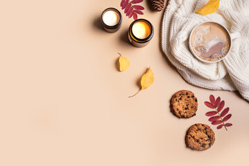 Cosy autumn background, coffee and candles