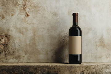 Modern wine bottle mockup with a minimalist label displayed on a rustic stone shelf against a textured wall