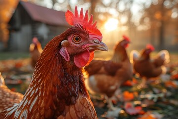 Close-up Portrait of a Red Hen in Autumn