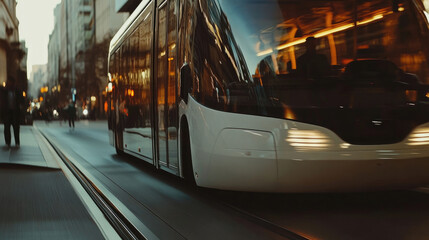 Obraz premium Urban Bus in Motion on a Crowded Street with Detailed Bus Mirror View