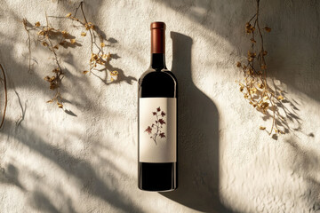 Modern wine bottle mockup with a unique label displayed against a textured wall