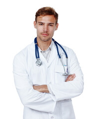 Fototapeta premium Man portrait, doctor and arms crossed for medical exam in studio, physician consultation and white background. Male person, cardiology surgeon and ready for test, healthcare and emergency specialist