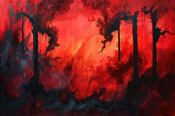 Abstract Painting of Crimson and Black with Dripping Paint